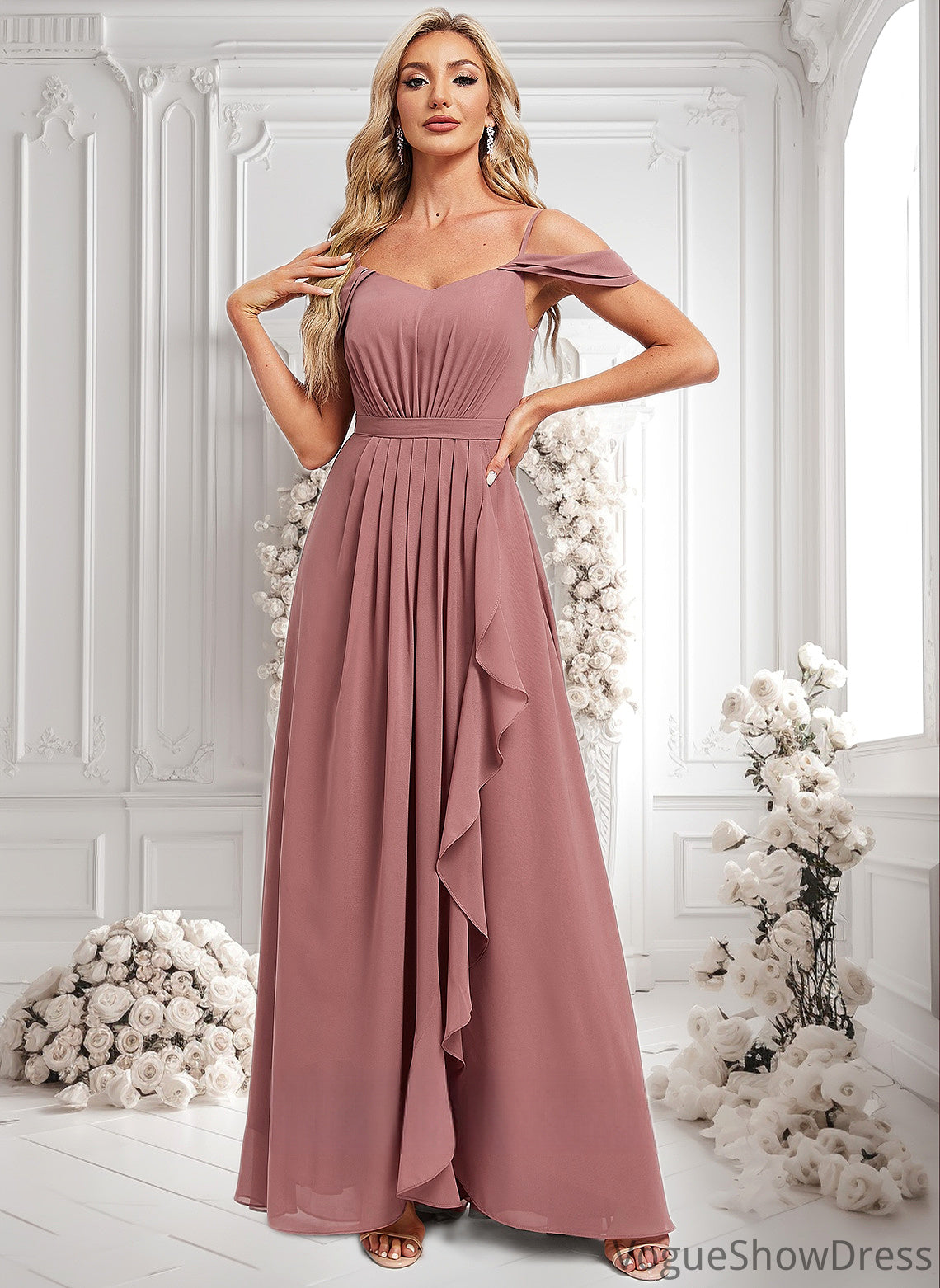 Shaniya A-line Cold Shoulder Asymmetrical Chiffon Bridesmaid Dress DLP0025823