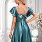 Nadine A-line V-Neck Floor-Length Stretch Satin Bridesmaid Dress With Ruffle DLP0025780