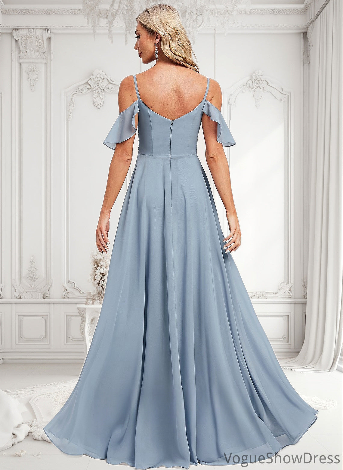 Sophie A-line Cold Shoulder Floor-Length Chiffon Bridesmaid Dress With Ruffle DLP0025797