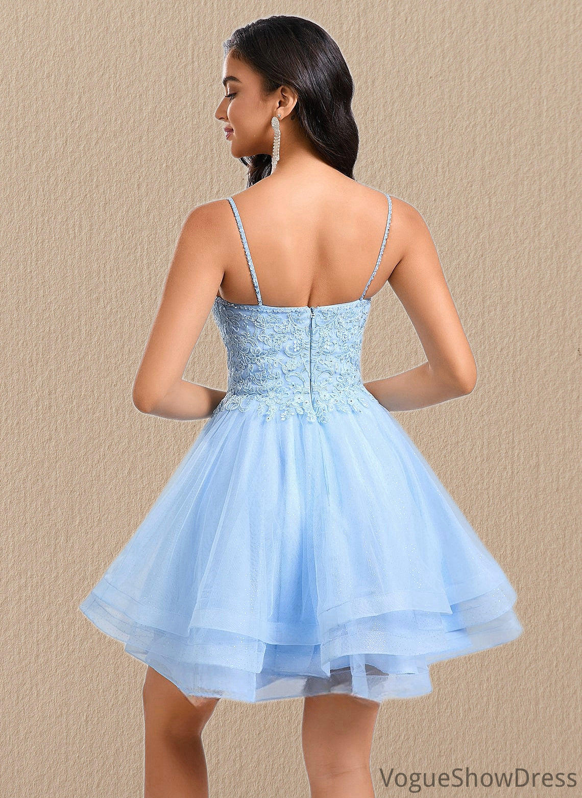 Alexis A-line V-Neck Short Lace Tulle Homecoming Dress With Rhinestone Sequins DLP0025658