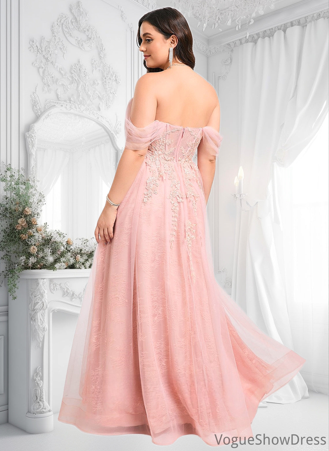 Talia A-line Sweetheart Off the Shoulder Floor-Length Tulle Floral Lace Prom Dresses With Appliques Lace DLP0025870