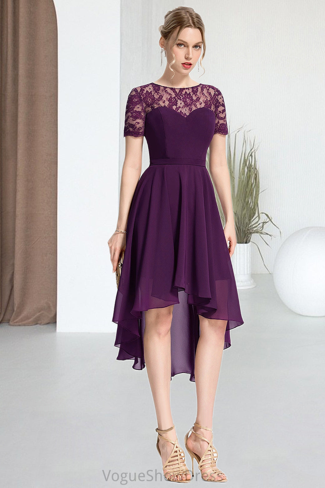 Elizabeth A-line Scoop Asymmetrical Chiffon Lace Homecoming Dress DLP0020587