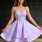 Sophia A-line V-Neck Short Satin Homecoming Dress With Appliques Lace DLP0025692