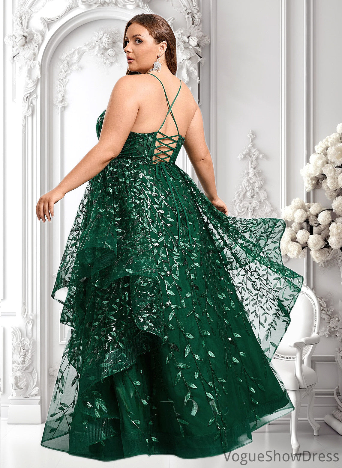 Yazmin Ball-Gown/Princess V-Neck Floor-Length Lace Floral Prom Dresses With Sequins DLP0025838