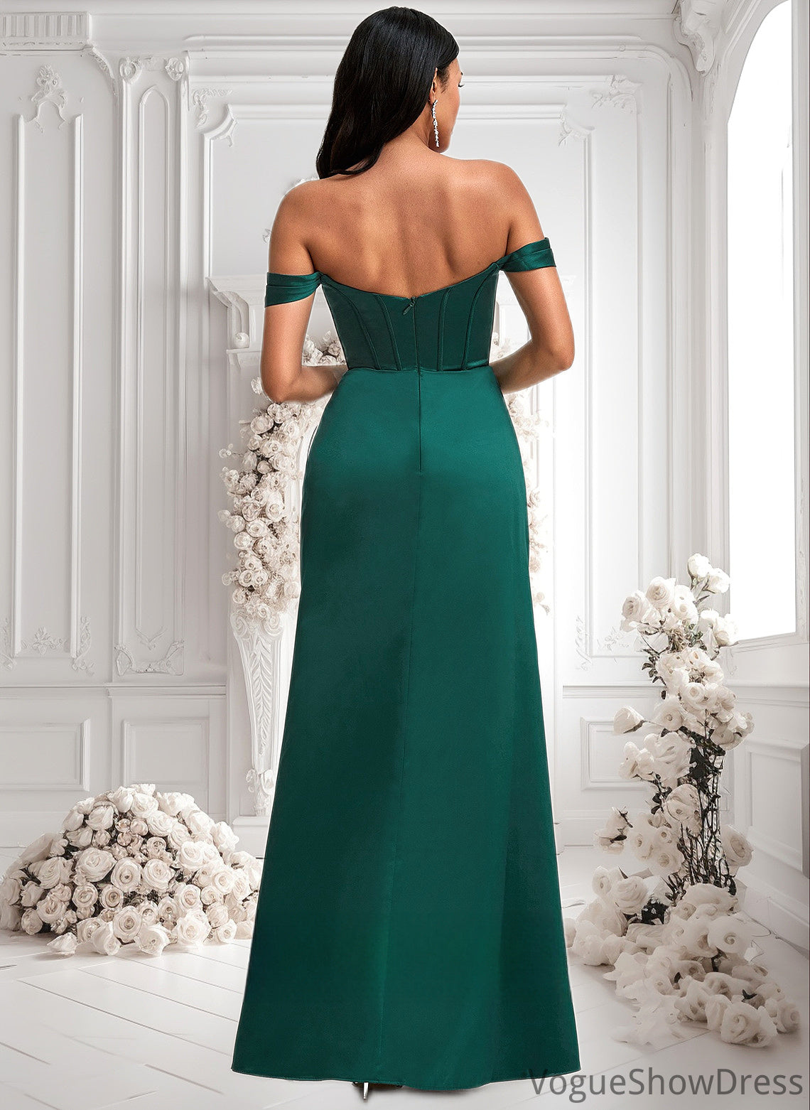 Alondra A-line Off the Shoulder Floor-Length Satin Bridesmaid Dress DLP0025743