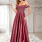 Gemma A-line Off the Shoulder Floor-Length Satin Lace Prom Dresses With Sequins DLP0025841