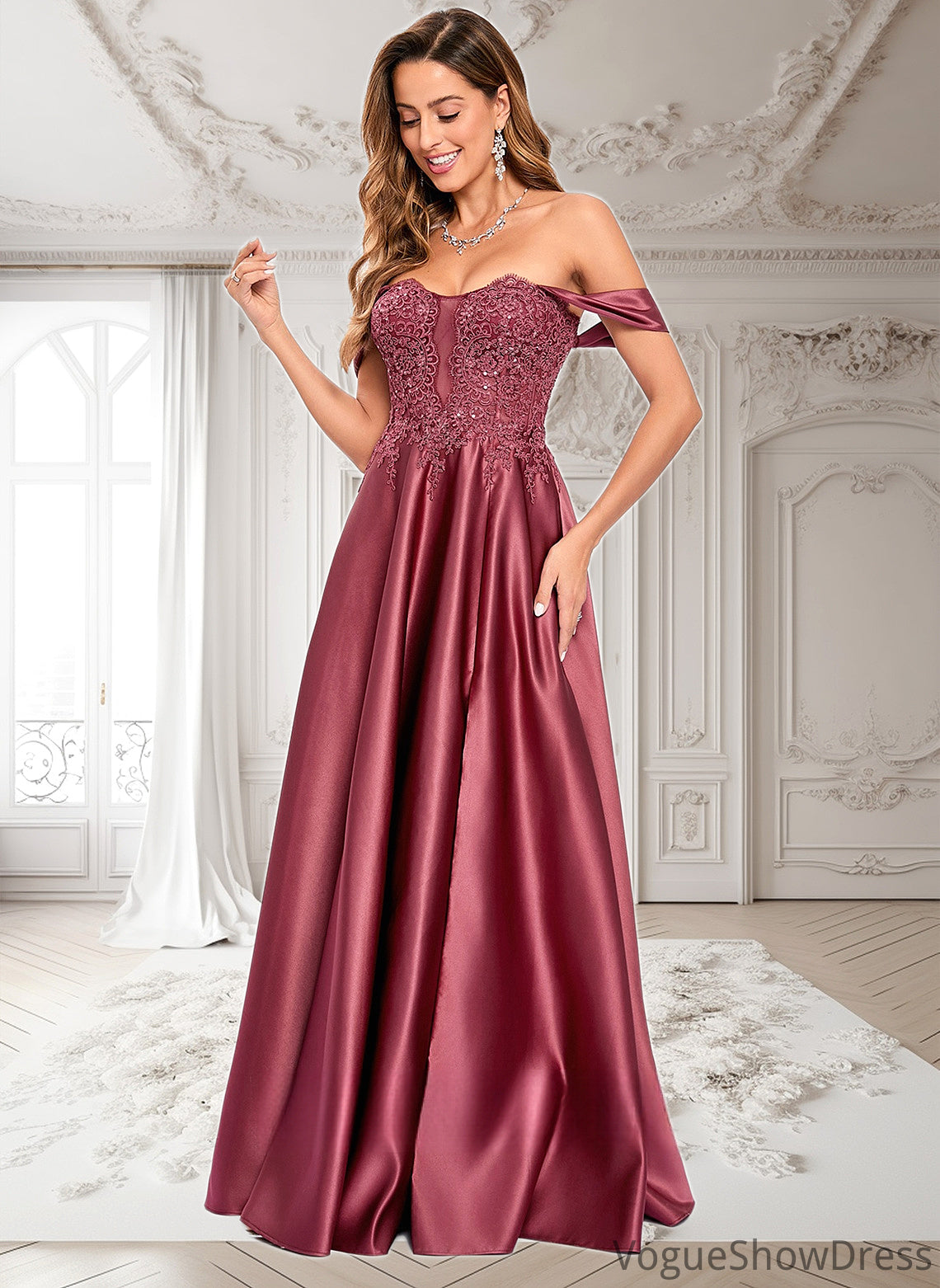 Gemma A-line Off the Shoulder Floor-Length Satin Lace Prom Dresses With Sequins DLP0025841