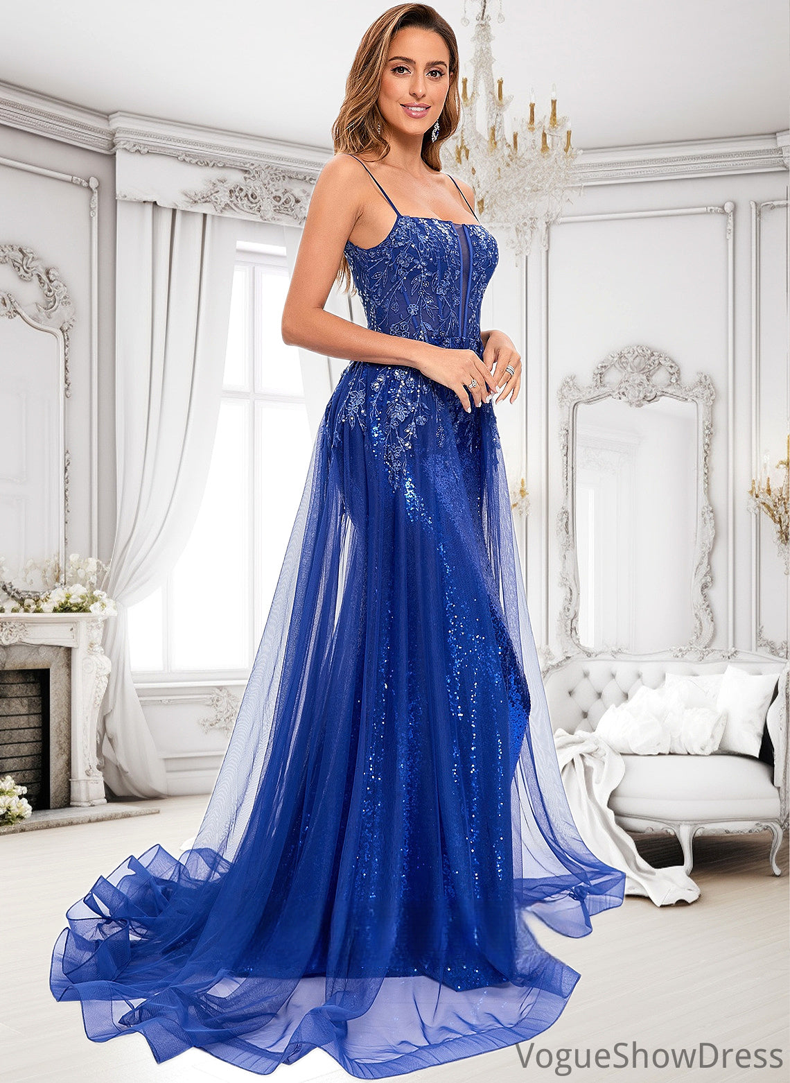 Frances Trumpet/Mermaid Straight Sweep Train Tulle Sequin Prom Dresses With Sequins Appliques Lace DLP0025857