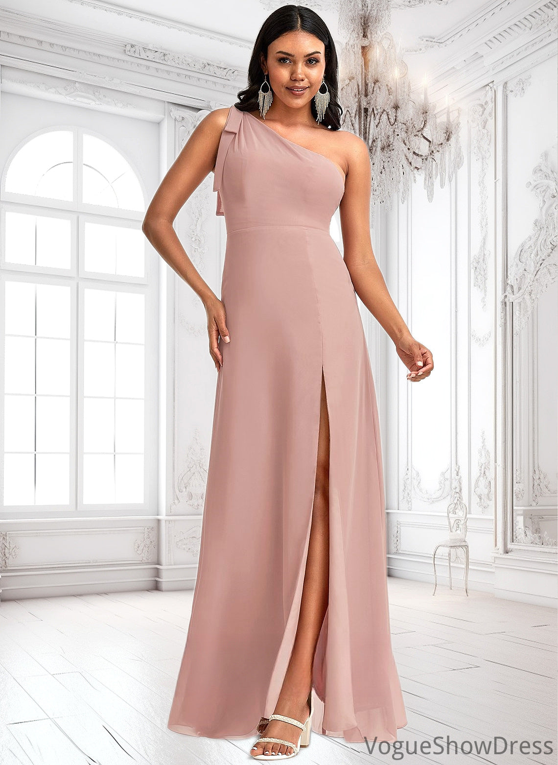 Ashly A-line One Shoulder Floor-Length Chiffon Bridesmaid Dress With Bow DLP0025748