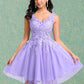 Diamond Ball-Gown/Princess V-Neck Short Lace Tulle Homecoming Dress With Flower DLP0025656