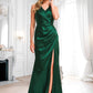 Skyla A-line V-Neck Floor-Length Stretch Satin Bridesmaid Dress DLP0025746