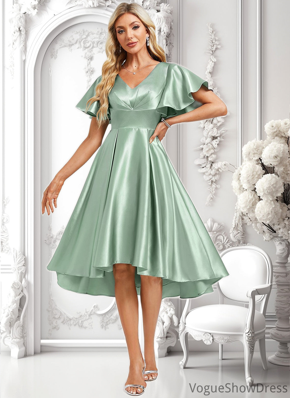 Tina A-line V-Neck Asymmetrical Stretch Satin Bridesmaid Dress With Ruffle DLP0025772