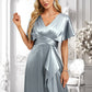 Sandy A-line V-Neck Floor-Length Stretch Satin Bridesmaid Dress With Ruffle DLP0025767