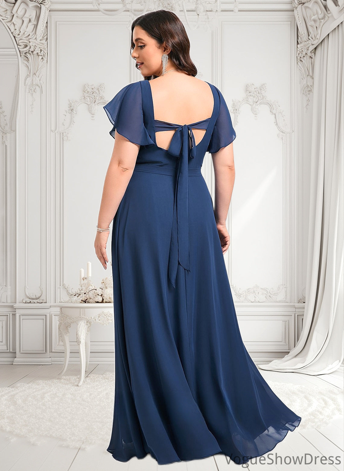 Tiana A-line V-Neck Floor-Length Chiffon Bridesmaid Dress With Ruffle DLP0025802