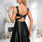 Bridget A-line V-Neck Floor-Length Stretch Satin Prom Dresses With Bow DLP0025882