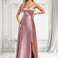 Frida A-line V-Neck Floor-Length Stretch Satin Bridesmaid Dress DLP0025822