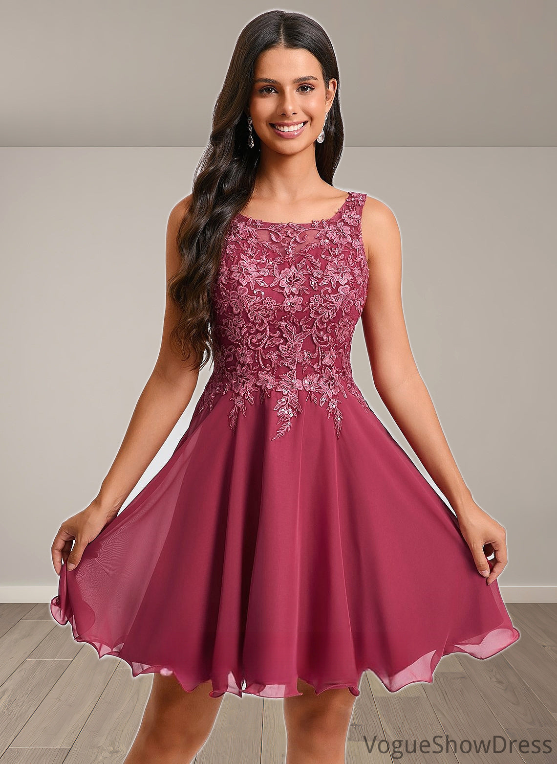 Vivien A-line Scoop Short Chiffon Homecoming Dress With Sequins Appliques Lace DLP0025681