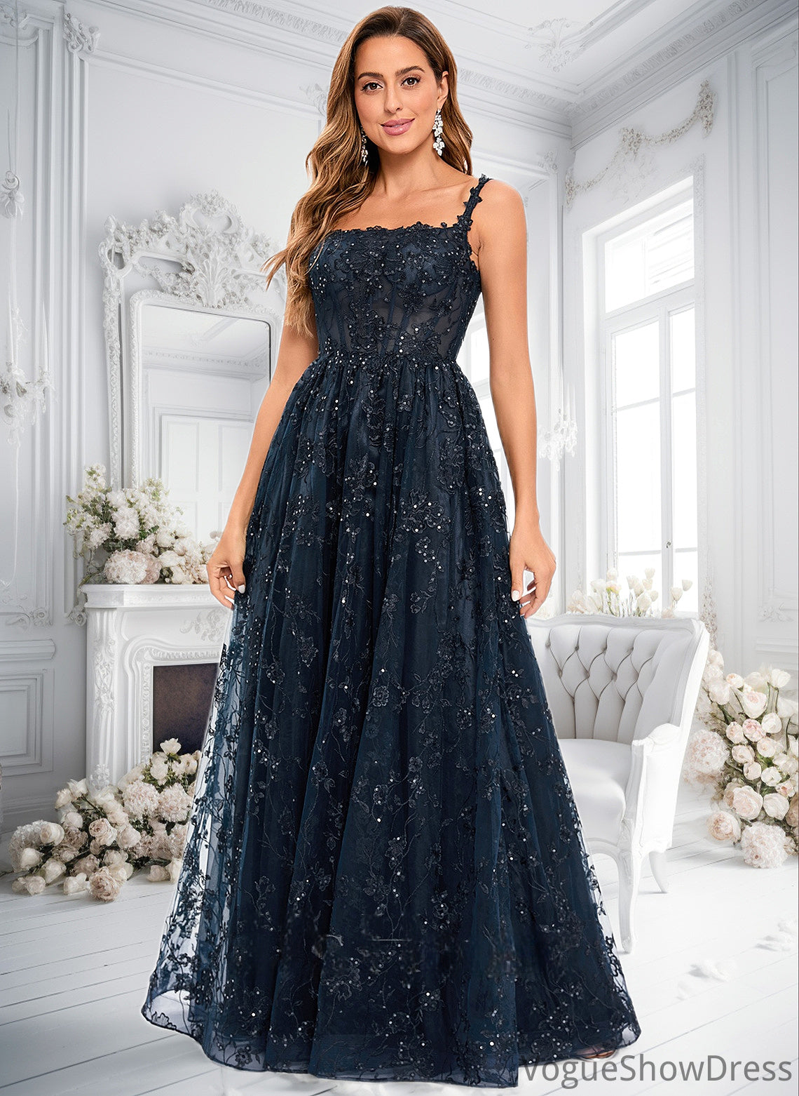 Jaylah A-line Square Floor-Length Organza Lace Floral Prom Dresses With Sequins DLP0025844