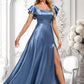 Ashlee A-line Square Floor-Length Stretch Satin Bridesmaid Dress With Ruffle DLP0025769