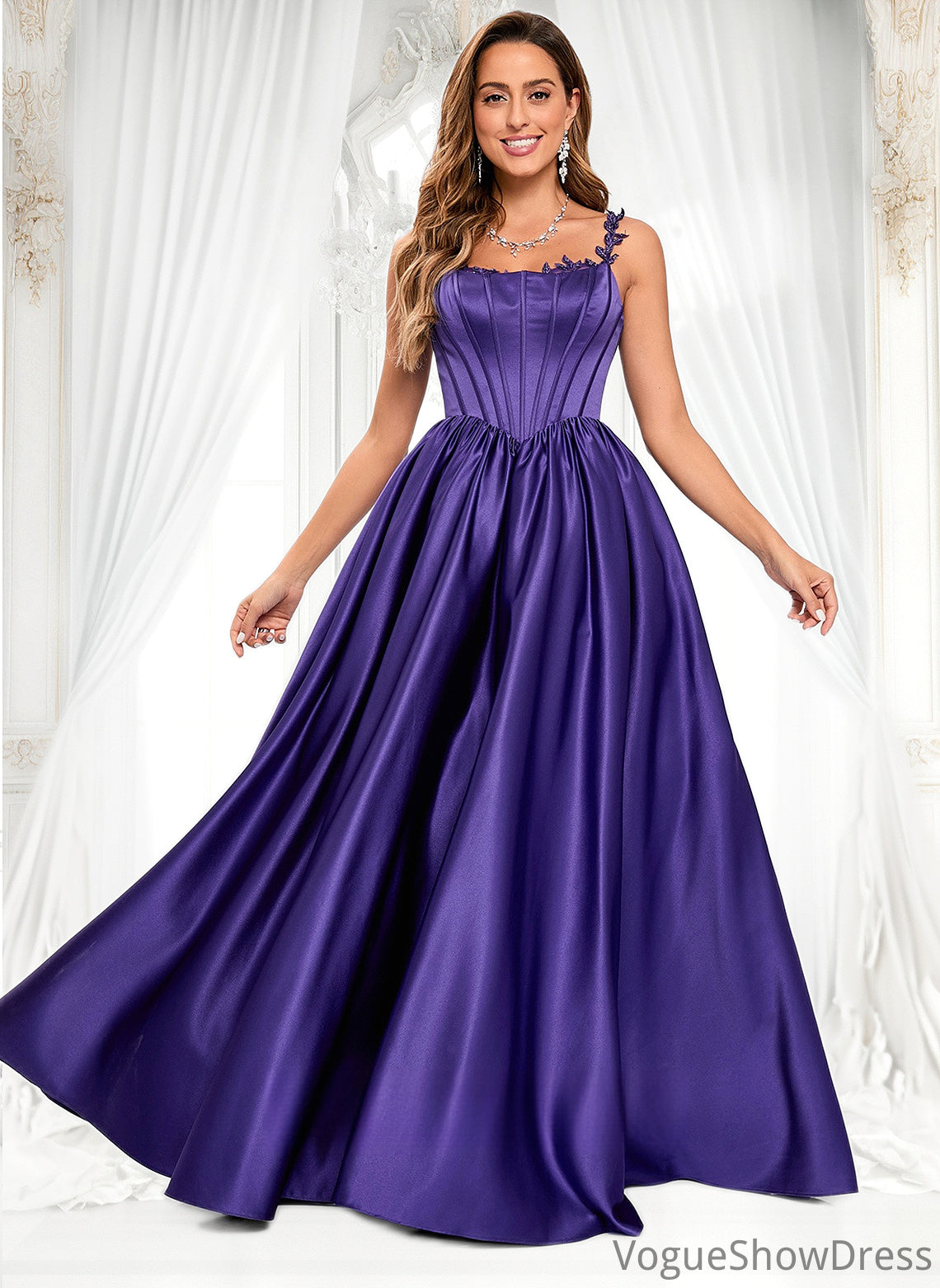 Lori Ball-Gown/Princess Scoop Floor-Length Satin Prom Dresses With Appliques Lace Beading DLP0025865