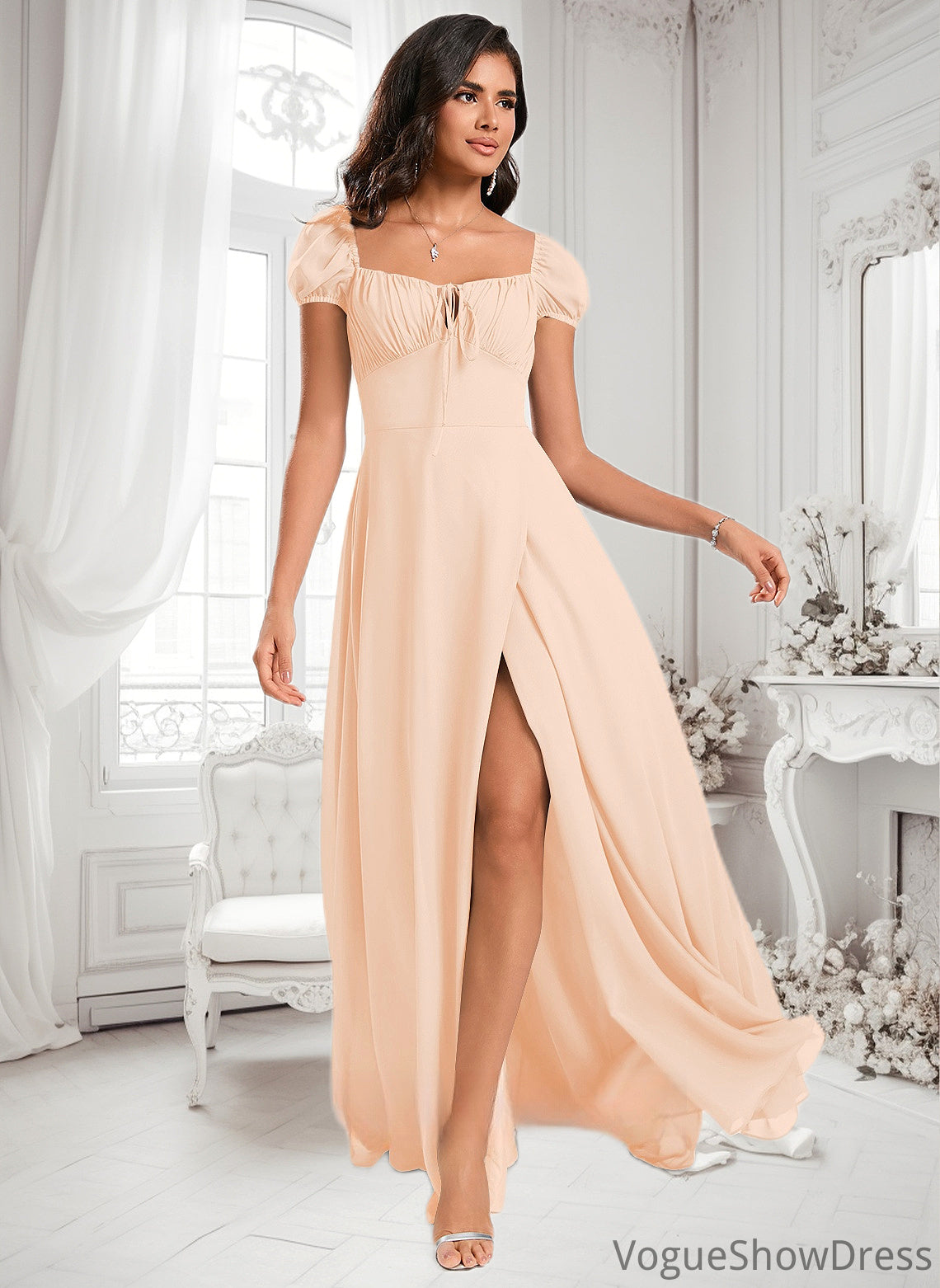 Sidney A-line Square Floor-Length Chiffon Prom Dresses With Ruffle DLP0025872