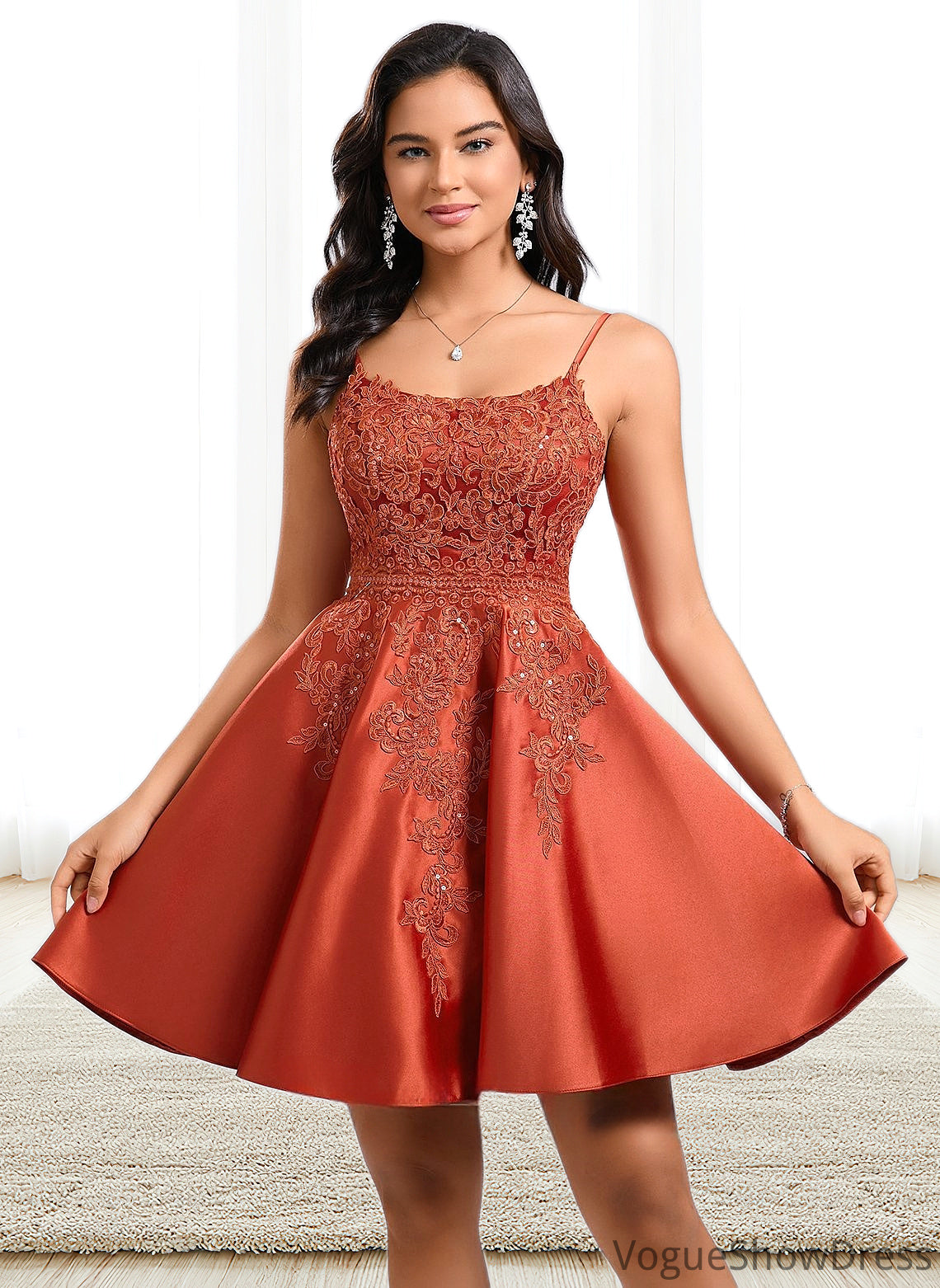 Gertrude A-line Scoop Short Satin Lace Homecoming Dress With Sequins DLP0025683