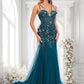 Holly Trumpet/Mermaid V-Neck Sweep Train Tulle Prom Dresses With Sequins Appliques Lace DLP0025853