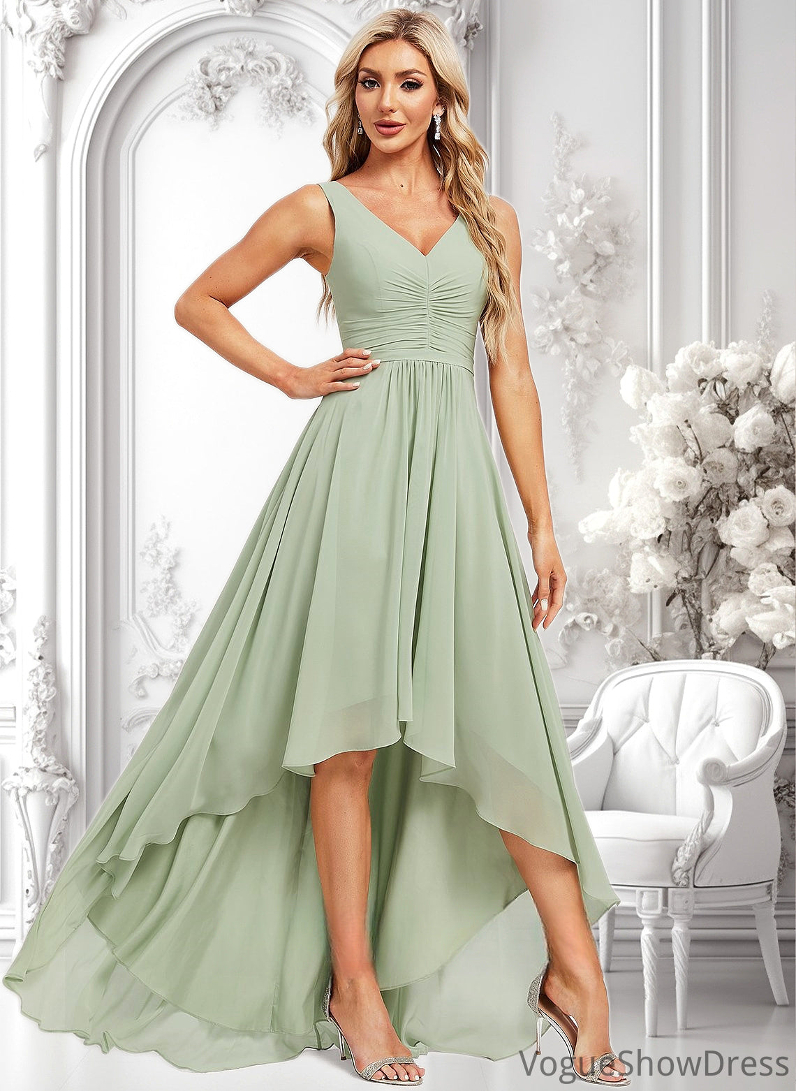 Kaya A-line V-Neck Asymmetrical Chiffon Bridesmaid Dress DLP0025809