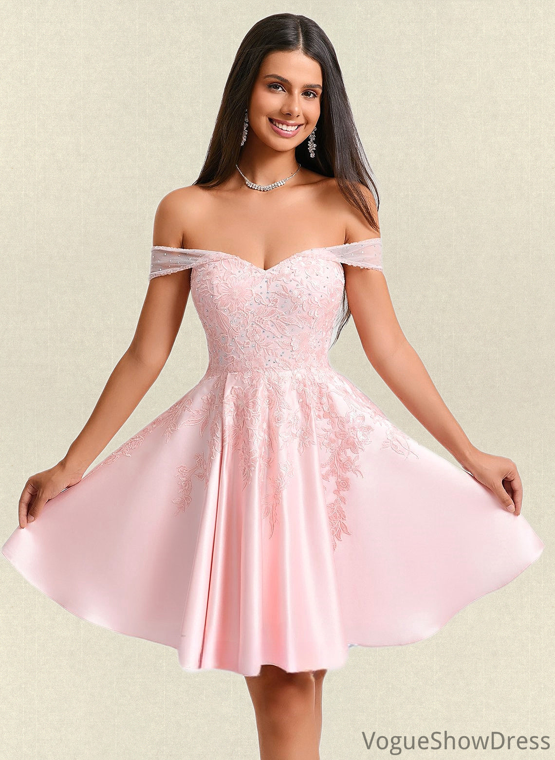 Camryn A-line Off the Shoulder Short Satin Homecoming Dress With Rhinestone Beading Appliques Lace DLP0025679