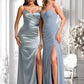 Adrianna A-line V-Neck Floor-Length Stretch Satin Bridesmaid Dress DLP0025728