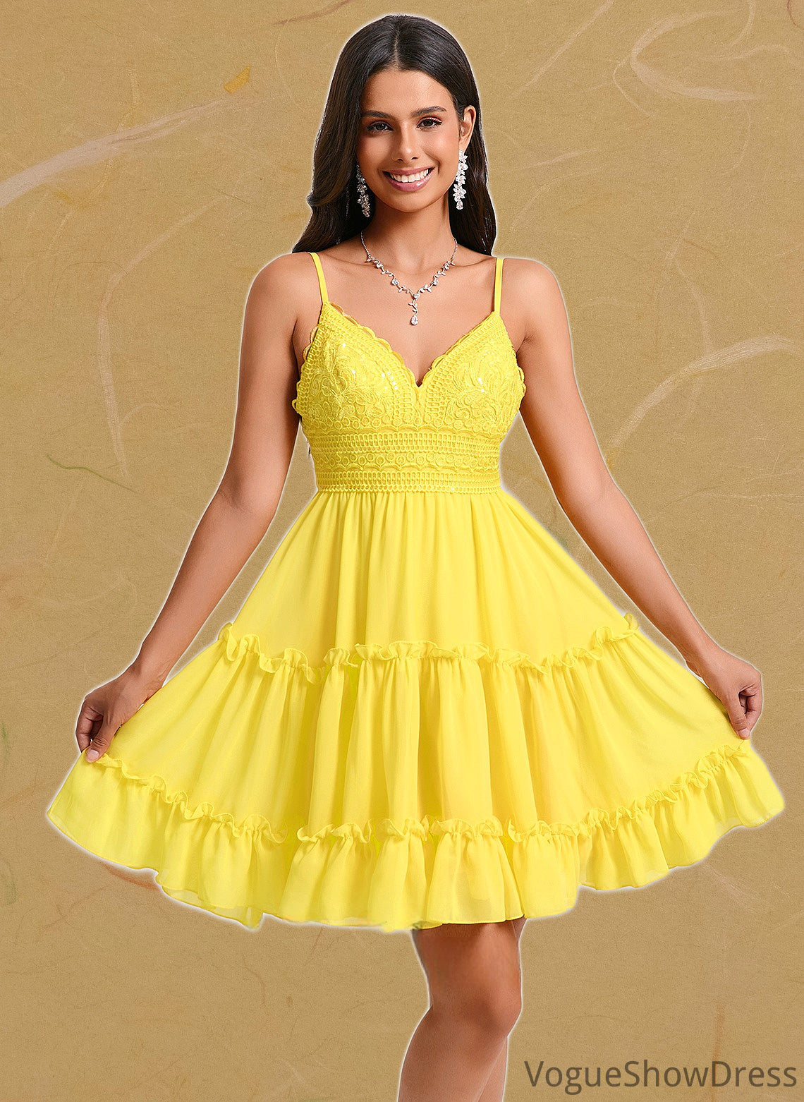 Makena A-line V-Neck Short Chiffon Homecoming Dress With Ruffle Sequins DLP0025700