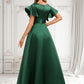 Milagros A-line V-Neck Floor-Length Satin Bridesmaid Dress With Ruffle DLP0025777