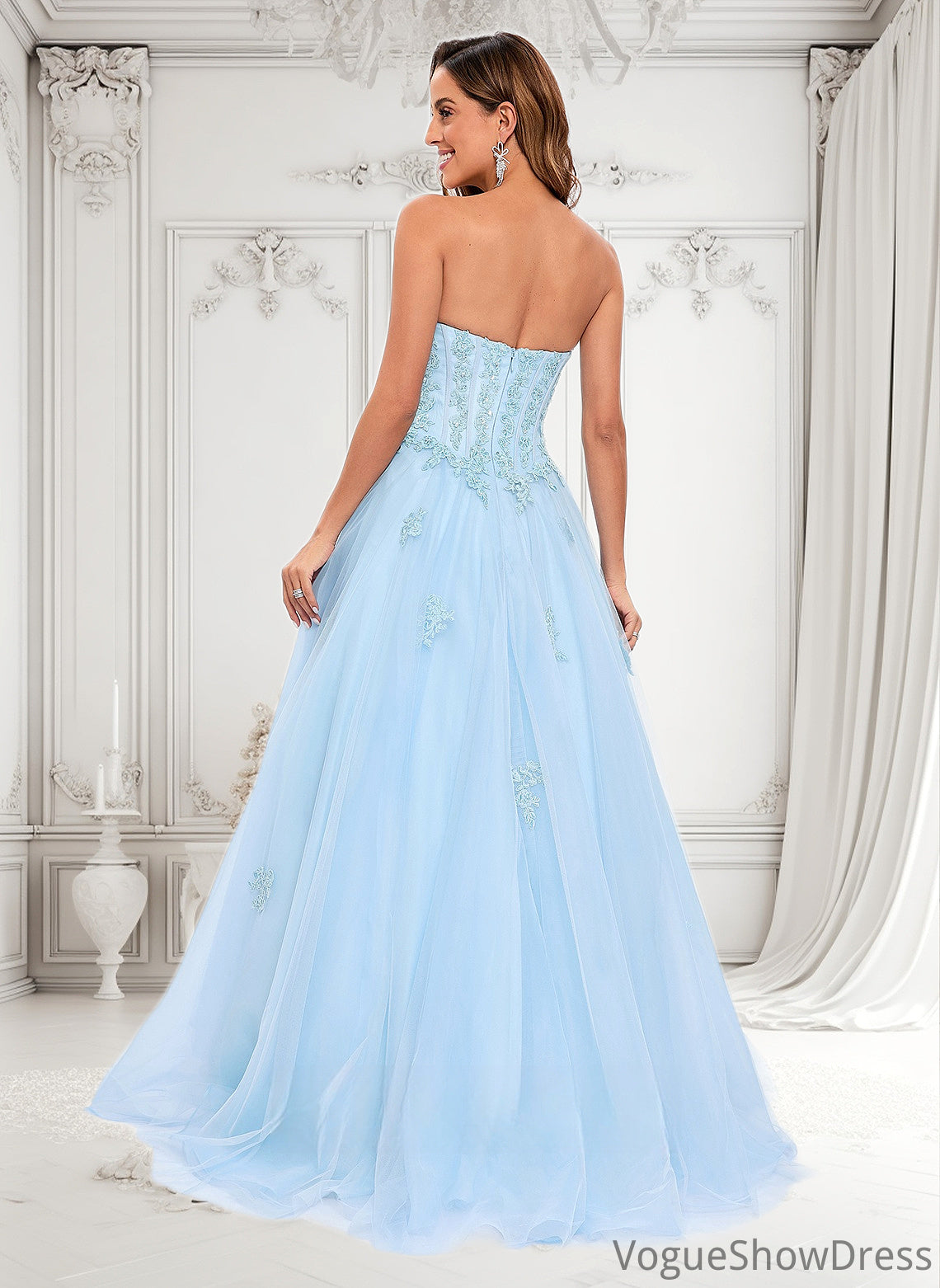 Natalia Ball-Gown/Princess Straight Sweep Train Tulle Prom Dresses With Sequins Appliques Lace DLP0025864