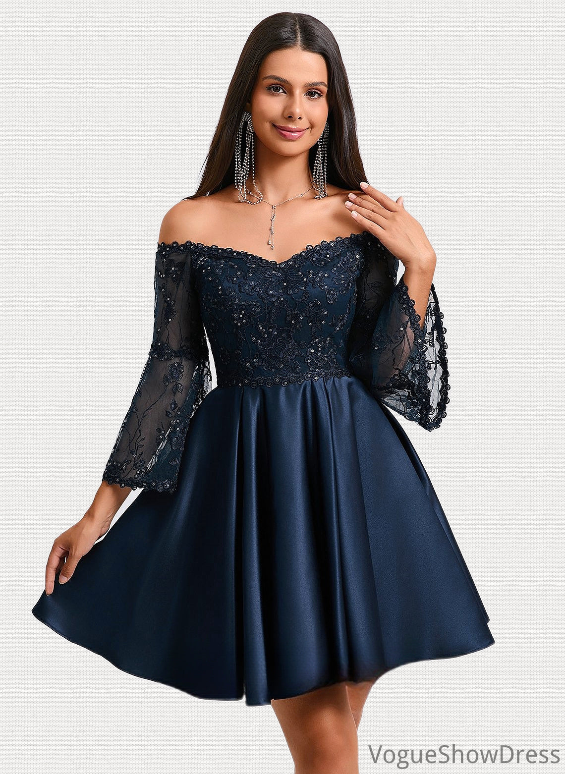 Aileen A-line Off the Shoulder Short Satin Homecoming Dress With Sequins DLP0025651