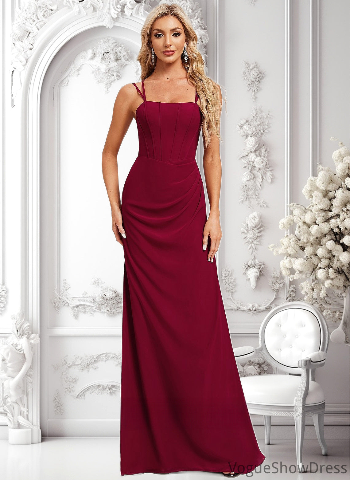 Ruby Trumpet/Mermaid Square Floor-Length Chiffon Bridesmaid Dress DLP0025826