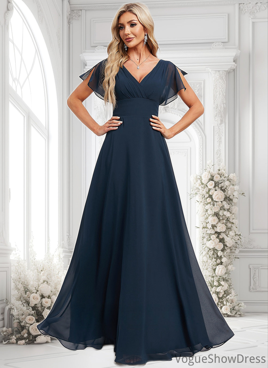 Natalya A-line V-Neck Floor-Length Chiffon Bridesmaid Dress DLP0025806