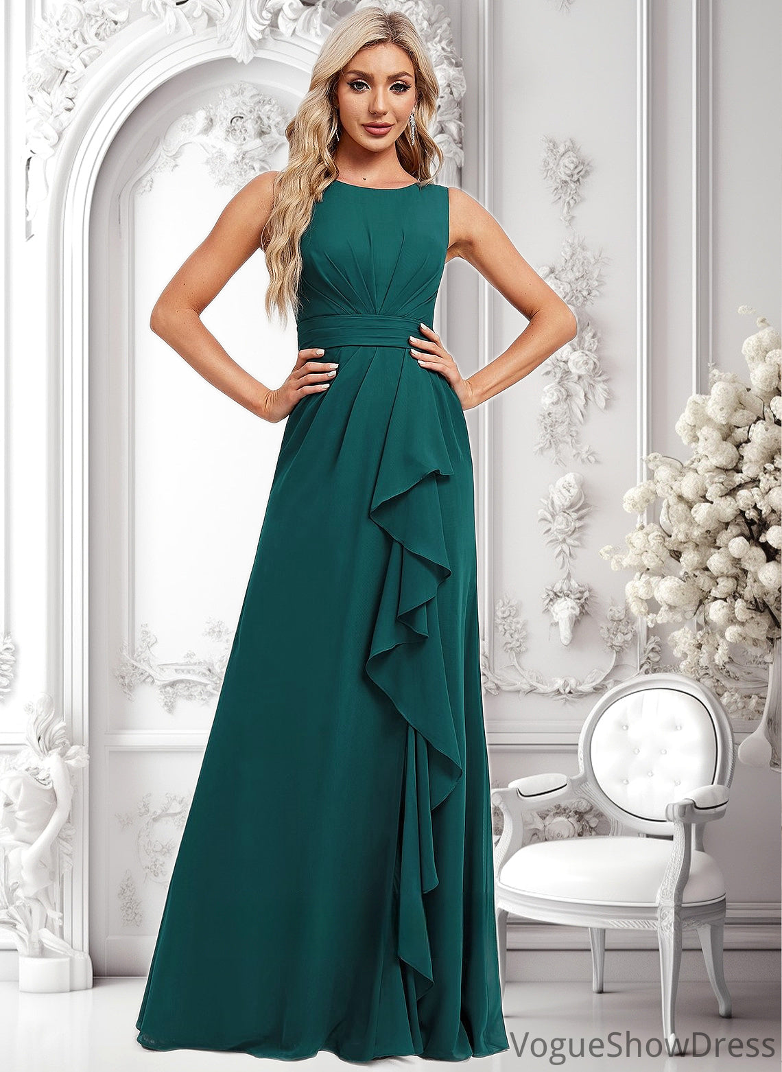 Angela A-line Scoop Floor-Length Chiffon Bridesmaid Dress With Ruffle DLP0025814