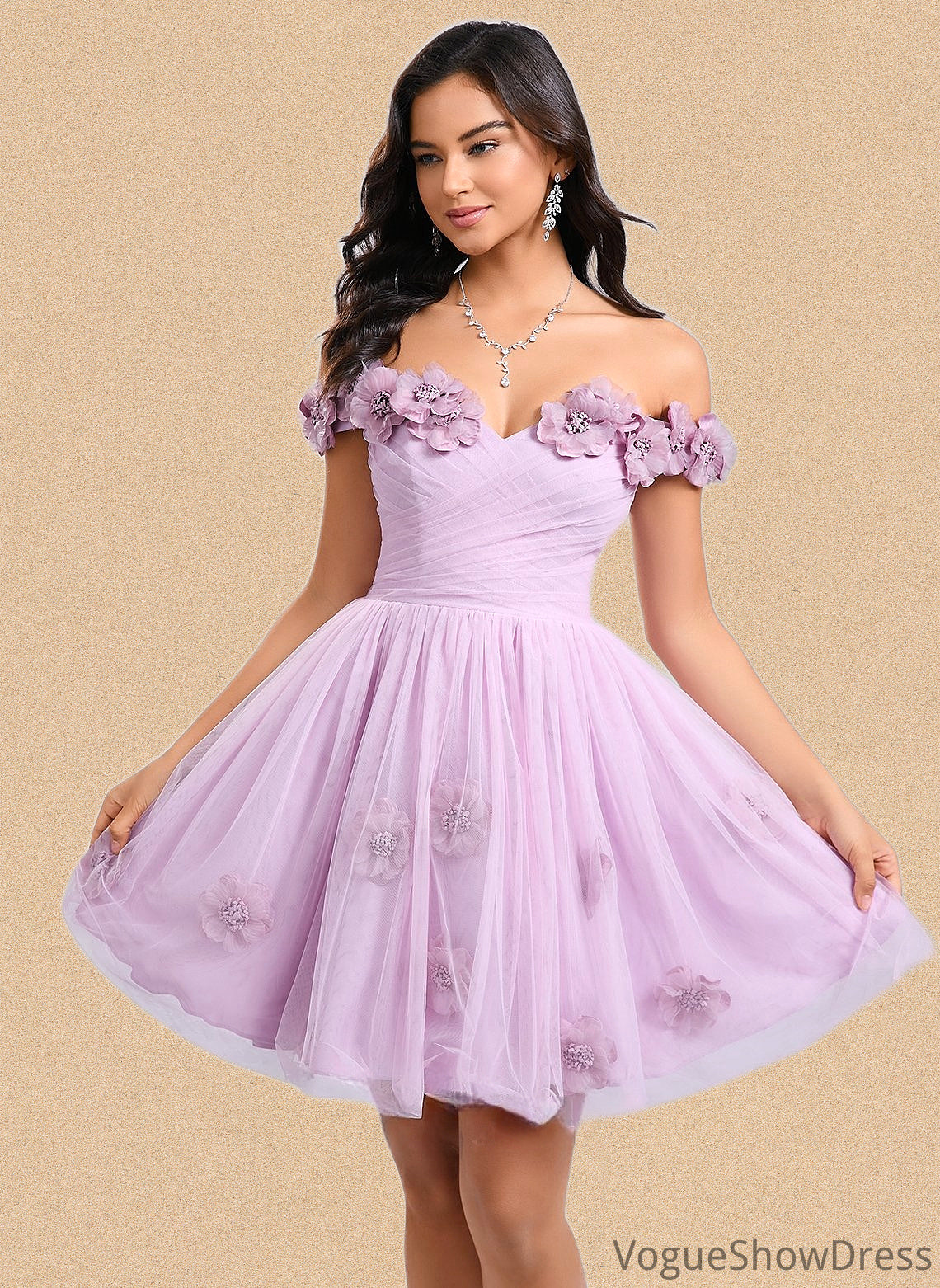 Janiya Ball-Gown/Princess Off the Shoulder Short Tulle Homecoming Dress With Pleated Flower DLP0025668