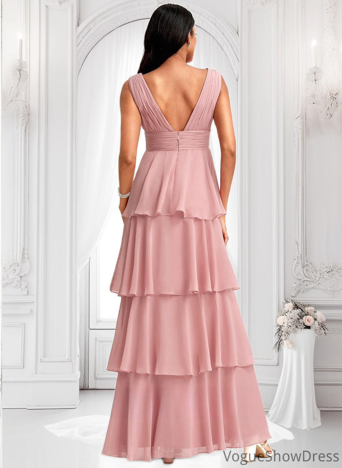 Aliza A-line V-Neck Floor-Length Chiffon Bridesmaid Dress DLP0025749