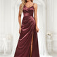 Lesly A-line Asymmetrical Floor-Length Stretch Satin Bridesmaid Dress DLP0025828