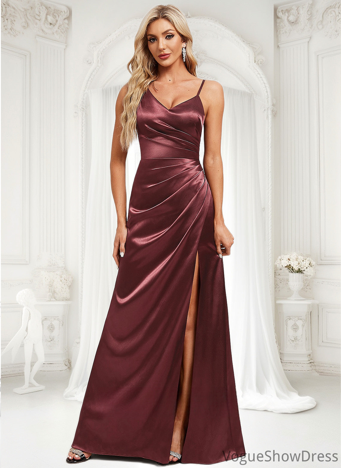 Lesly A-line Asymmetrical Floor-Length Stretch Satin Bridesmaid Dress DLP0025828