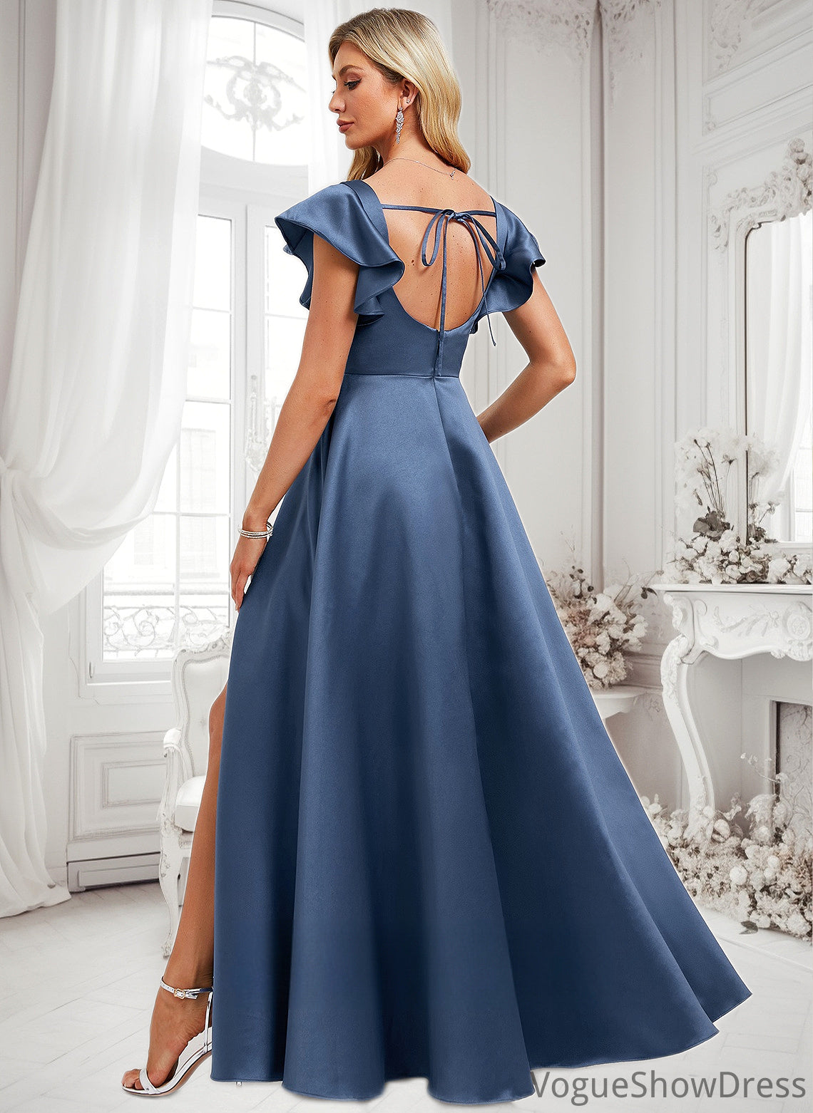 Everleigh A-line Square Floor-Length Satin Bridesmaid Dress With Ruffle DLP0025774