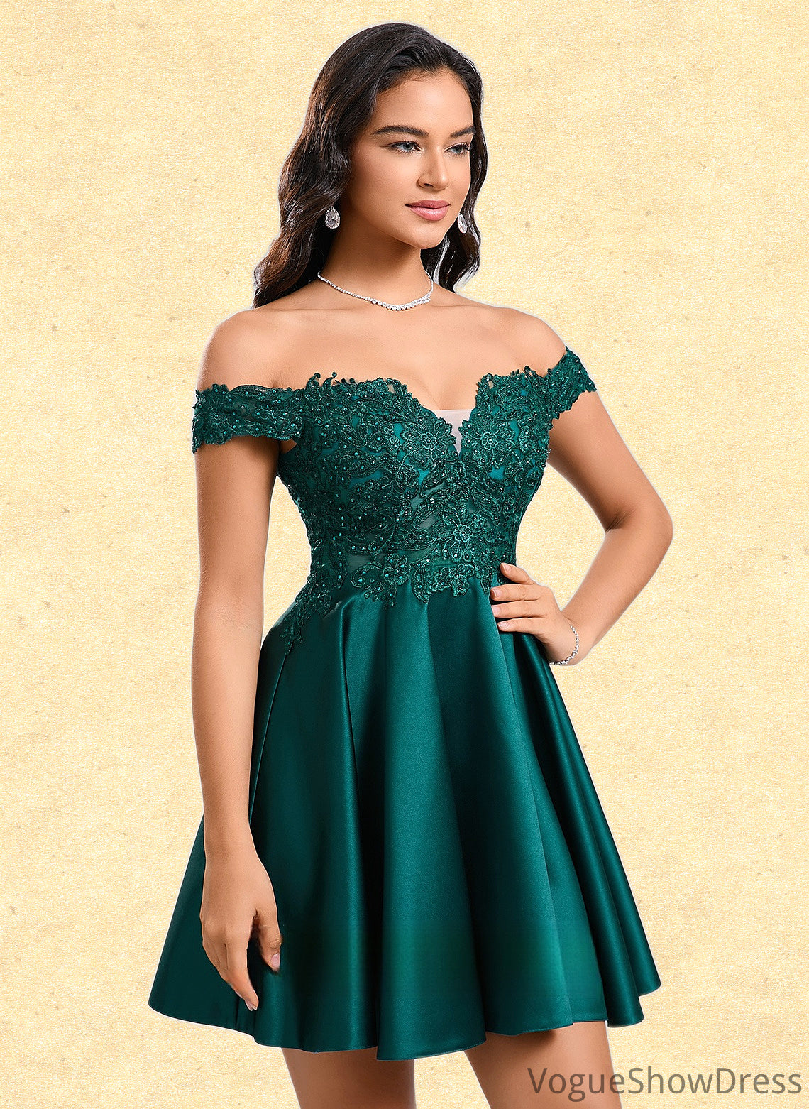 Millicent A-line Off the Shoulder Short Lace Satin Homecoming Dress With Rhinestone DLP0025718