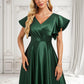 Milagros A-line V-Neck Floor-Length Satin Bridesmaid Dress With Ruffle DLP0025777