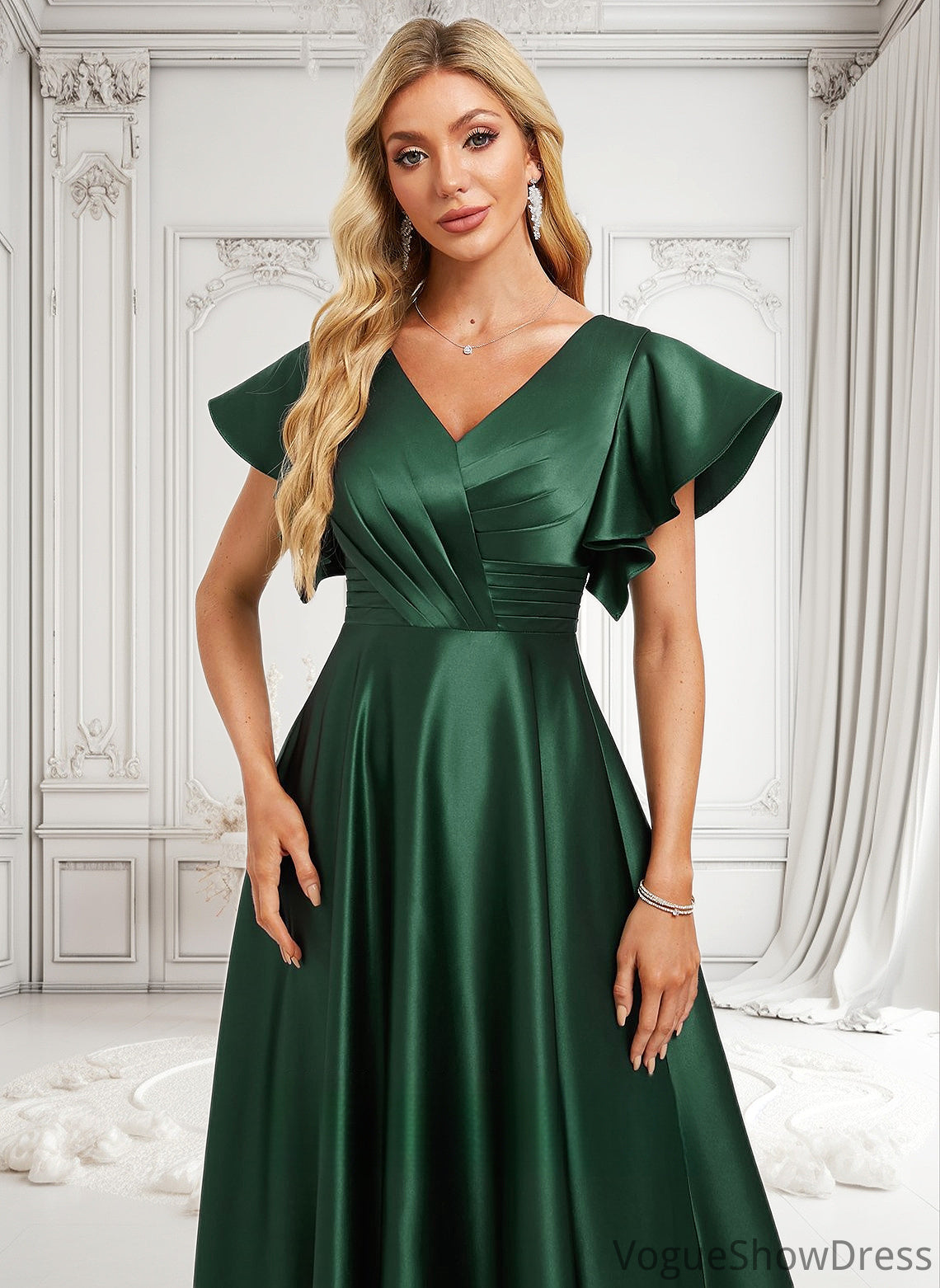 Milagros A-line V-Neck Floor-Length Satin Bridesmaid Dress With Ruffle DLP0025777