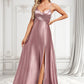 Frida A-line V-Neck Floor-Length Stretch Satin Bridesmaid Dress DLP0025822