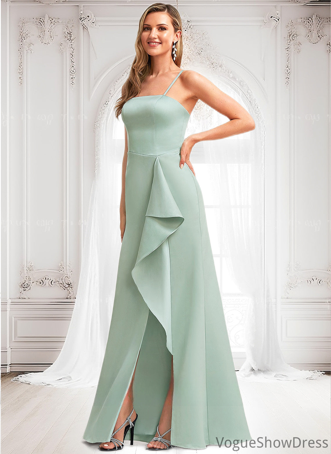 Kassidy A-line Square Floor-Length Satin Bridesmaid Dress With Ruffle DLP0025736