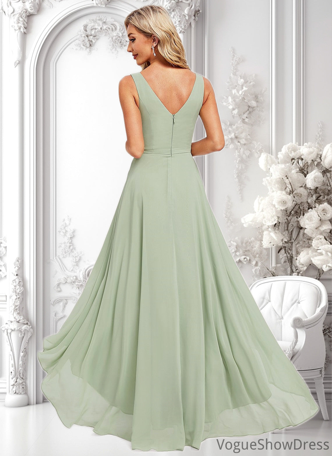 Kaya A-line V-Neck Asymmetrical Chiffon Bridesmaid Dress DLP0025809