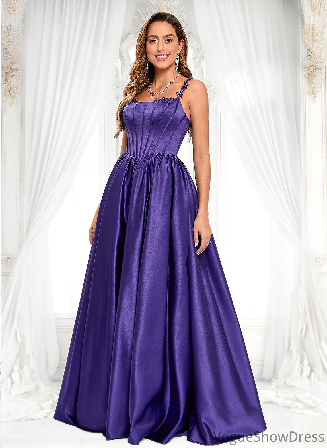 Lori Ball-Gown/Princess Scoop Floor-Length Satin Prom Dresses With Appliques Lace Beading DLP0025865