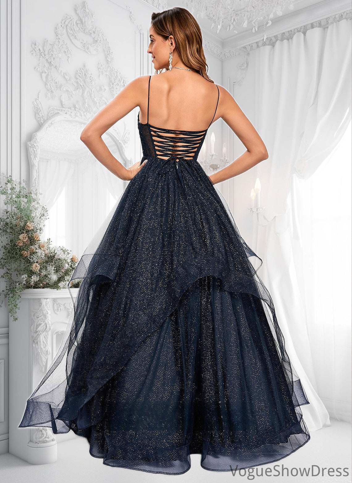 Kaia Ball-Gown/Princess V-Neck Floor-Length Tulle Prom Dresses DLP0025863